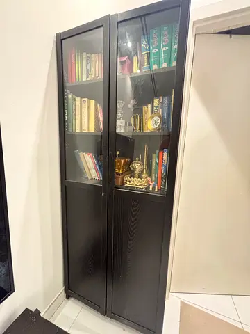 Black Glass-Front Bookcase / Display Cabinet - Good Condition