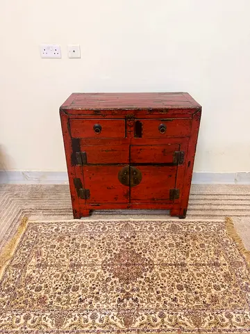 Authentic Red Lacquered Chinese Cabinet – Vintage 20th Century Oriental Storage Piece