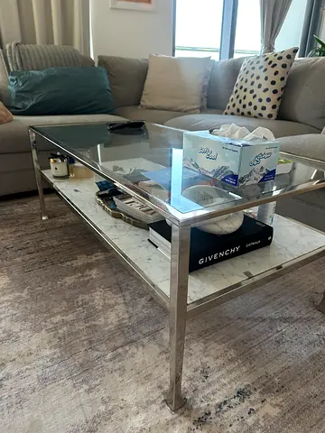 Modern Chrome Glass Coffee Table with Marble Shelf Excellent Condition