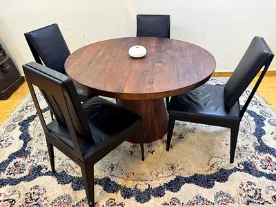 Crate And Barrel Solid Wood Round Dining Table With Adjustable Height And West Coast Leather Chairs
