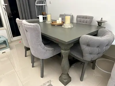 Solid Wood Grey Dining Table with 6 Upholstered Tufted Chairs