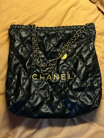 Black Quilted Chanel-Style Tote with Chain Strap and Matching Pouch