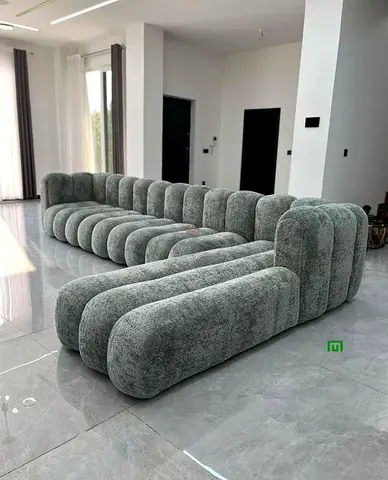 Large Modular Curved Plush Sofa - Modern Grey Bouclé, Seats 6-8
