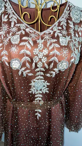 Embroidered Brown Beaded Womens Maxi Dress with Sheer Sleeves