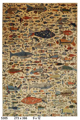 2.7x3.7m Afghan wool Handmade Fish-Themed Area Rug 9x12 - Nautical Motif