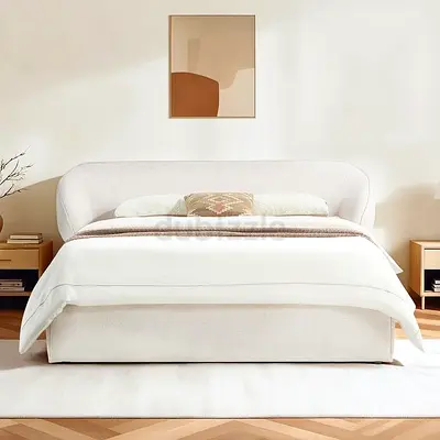 Thick curved wings Beige boucle king bed