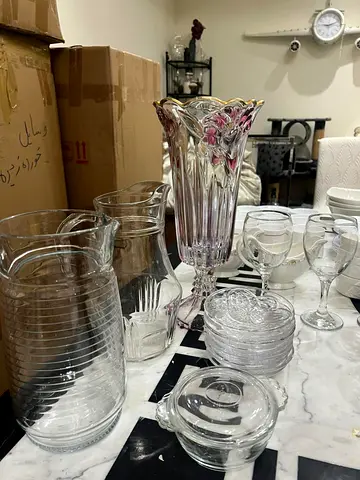 Mixed Glassware Set — Vases, Pitchers, Glasses and Bowls (Good Condition)