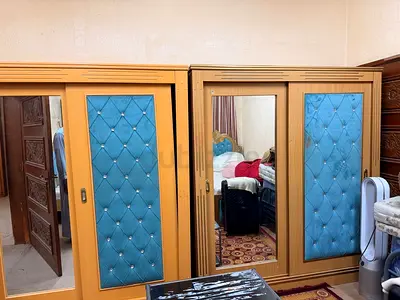 Large Wooden Wardrobe with Mirrored Doors and Upholstered Panels and 2 Matching Beds