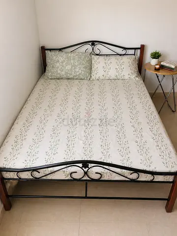 Double Metal  Wood Double Bed cot Frame with Mattress (Good Condition)