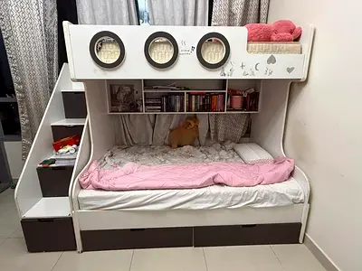White Wooden Kids Bunk Bed with Storage and Stairs – Good Condition