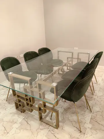 Glass Top Dining Table with Geometric Brass Base + 6 Velvet Chairs (Olive)