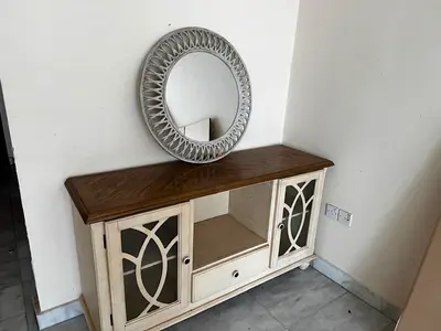 Wooden Console Table with Glass Doors and Drawer - Cream  Oak Finish