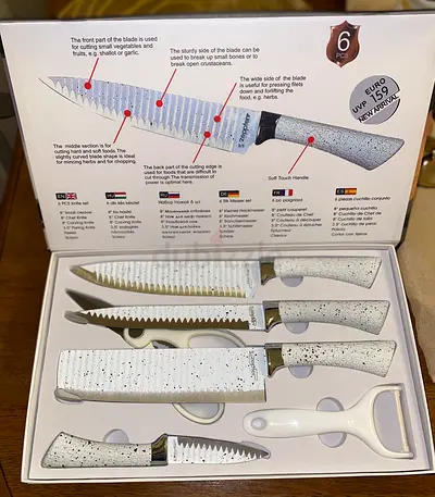 6-Pc Ceramic Coated Kitchen Knife Set with Peeler - White Speckled