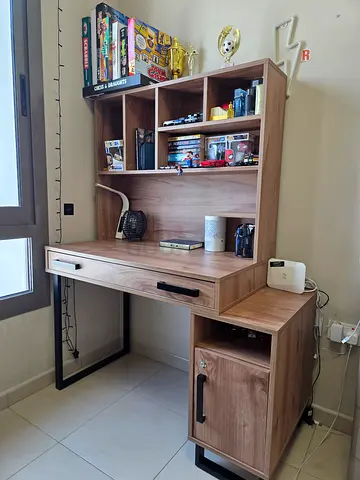 Wooden Home Office Desk with Overhead Shelves and Drawer - Good Condition
