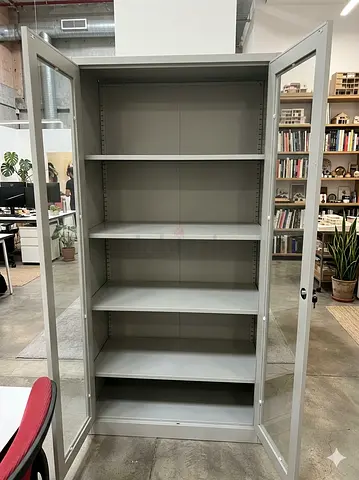 Gray Metal Storage Cabinet with Glass Doors – 5 Shelves