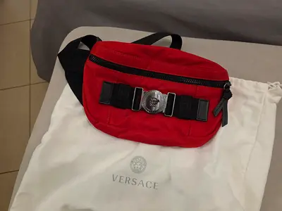 Red Versace Nylon Belt Bag with Logo Buckle