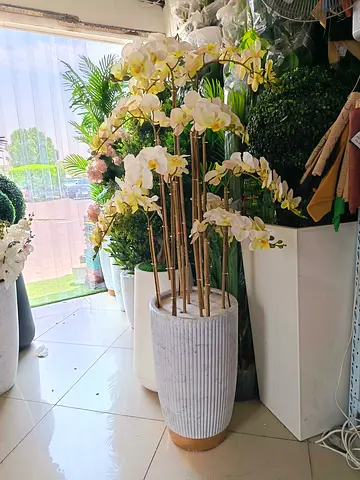 Tall White Ceramic Planter with Artificial Orchids - Excellent Condition