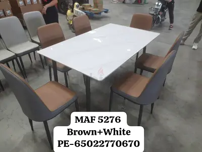 Modern 6-Seater Dining Table Set with Marble-Effect Top (Brown  White)