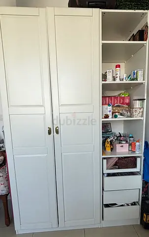 White 3-Section Wardrobe with Shelves and Drawers - Good Condition
