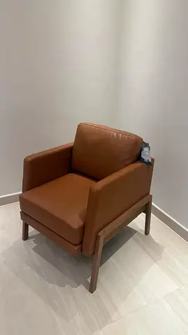 Brown Leather Accent Armchair with Wooden Frame - Like New