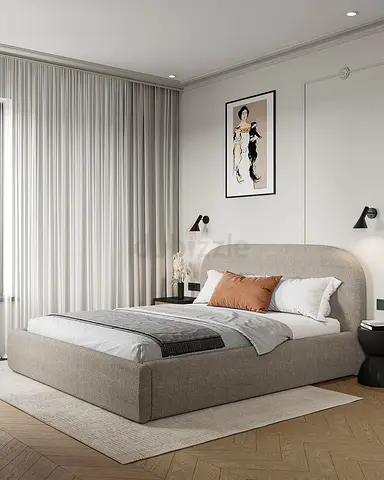 Modern Upholstered Platform Bed with Headboard - King Size, Neutral Beige