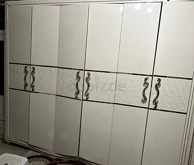 Large White 6-Door Wardrobe with Decorative Panels and Mirrors