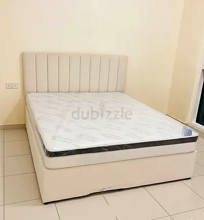 Beige Upholstered Double Bed with Mattress - Good Condition