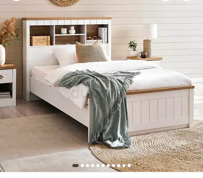 White Wooden Bed Frame with Built-in Headboard Storage (Queen) - Modern Farmhouse with Matress
