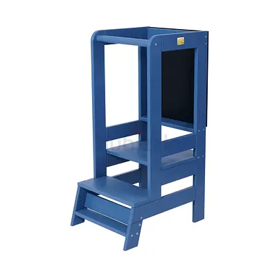 Wooden Learning Tower / Kitchen Helper - Blue, Safe Step Stool Montessori with Chalkboard