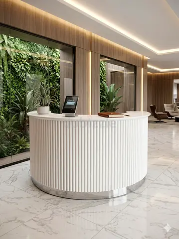 Modern Semi-Circular Reception Desk — White Ribbed Finish