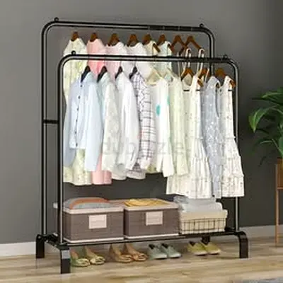 Double Rail Garment Rack with Bottom Shelf - Black, Heavy Duty