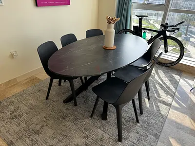 Modern Black Oval Dining Table with 6 Chairs - Marble Effect Top