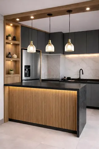 Modern Kitchen Island with Pendant Lighting and Marble Backsplash