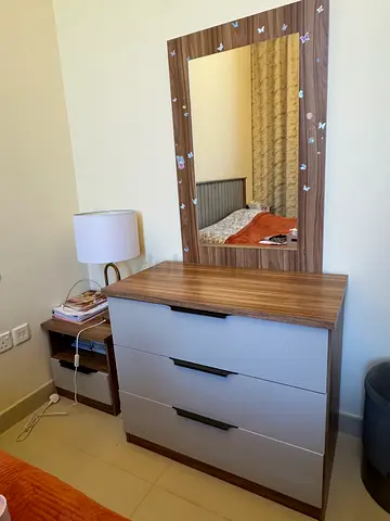 Wooden dresser with large mirror and 3 drawers - good condition. Bed with comfortable mattress