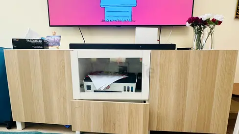 Light Oak TV Entertainment Unit with Storage and Glass Center Shelf