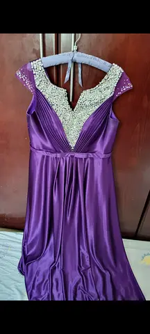 Purple Satin Evening Gown with Beaded Neckline M/L
