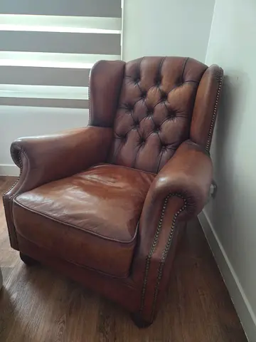 Brown Leather Wingback Armchair with Nailhead Trim