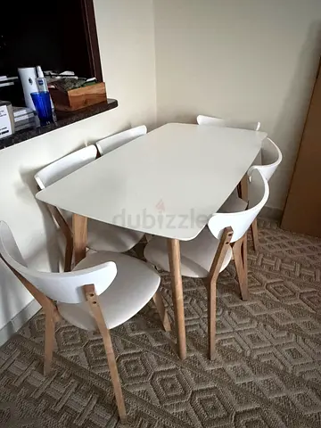 White Scandinavian Dining Table with 6 Matching Chairs - Good Condition