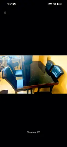 Solid Wood Dining Table with 5 Upholstered Chairs - Good Condition
