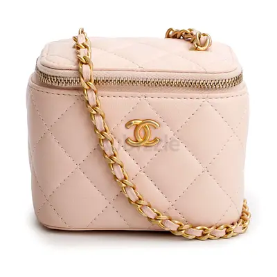 Authentic Chanel Pink Calfskin Leather Mini Pearl Crush Vanity Case