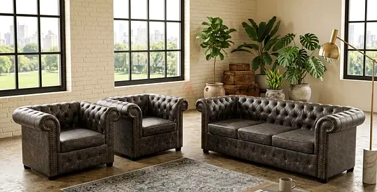 Dark Grey Chesterfield 3-Seater Sofa with Two Armchairs - Classic Leather Look