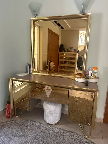 Gold Mirrored Dressing Table with Large Mirror