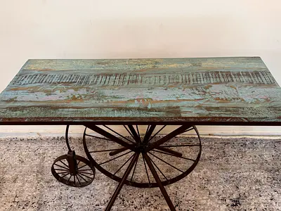 Rustic Reclaimed Wood Console Table with Iron Wagon Wheel Base