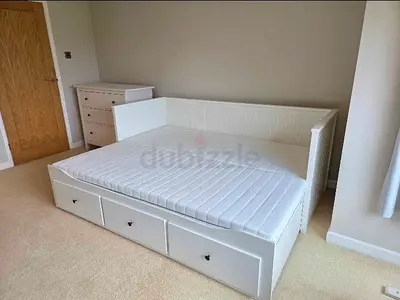 Ikea White wooden daybed with trundle drawers and mattress