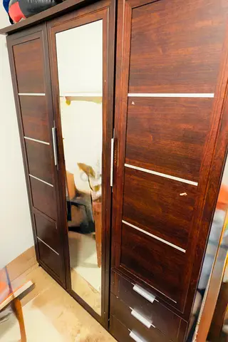 Dark Wood 3-Door Wardrobe with Mirror and Drawers