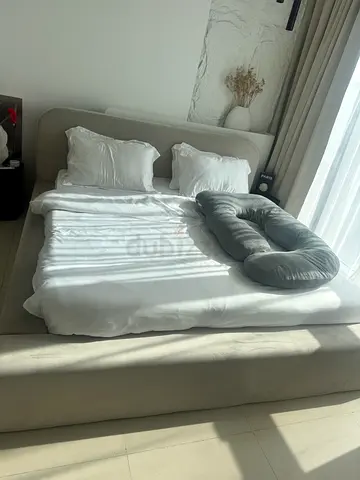 Queen upholstered bed frame with headboard - light beige with mastress