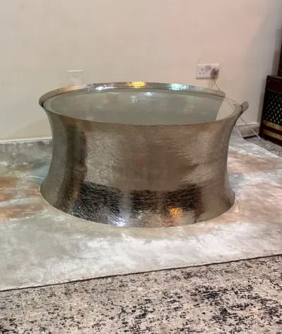 Modern Curved Silver Metal Coffee Table with Glass Top