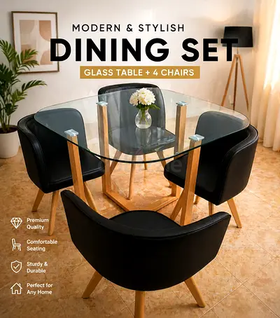 Modern Glass Dining Table with Black Leather Chairs