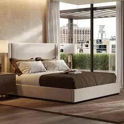 Modern upholstered platform bed with headboard - Queen/Double (beige)