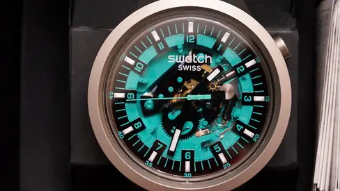 Swatch Swiss Mechanical-style Mens Watch — Blue Skeleton Dial with Box